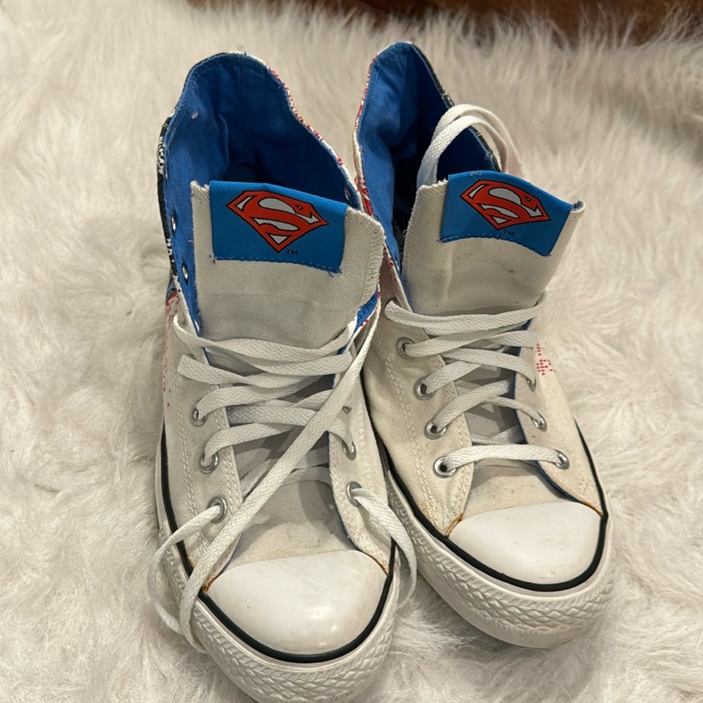 Converse White High-Top Sneakers with Blue & Red Superman Accent